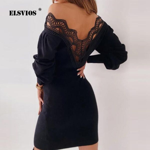 

casual dresses lace knitted dress 2021 autumn winter women elegant party lady fashion v-neck solid slim bodycon mini vestido, Black;gray