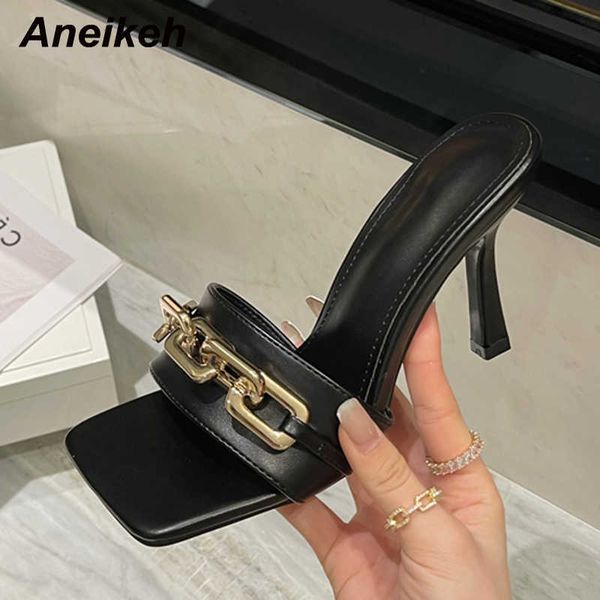

aneikeh summer fashion shoes for women pu thin heels peep toe slippers party shallow solid metal decoration concise outside 210615, Black