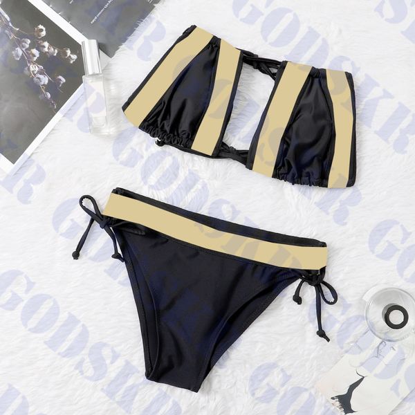 Retro Badeanzug Tube Top Bikini Gold Print Women Schwimmbekleidung Dessous Push Up gepolstert Frauen Bikinis Set