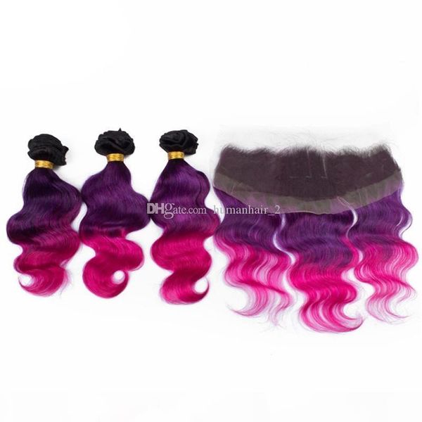 

ombre hair extension with lace frontal brazilian ombre hair weave 1b purple pink three tone color human hair wefts with frontal, Black;brown