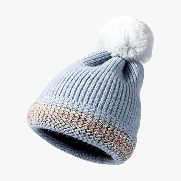 

casual street women winter knitted hat classic striped geometric pattern beanie cap with pompom ball, Blue;gray