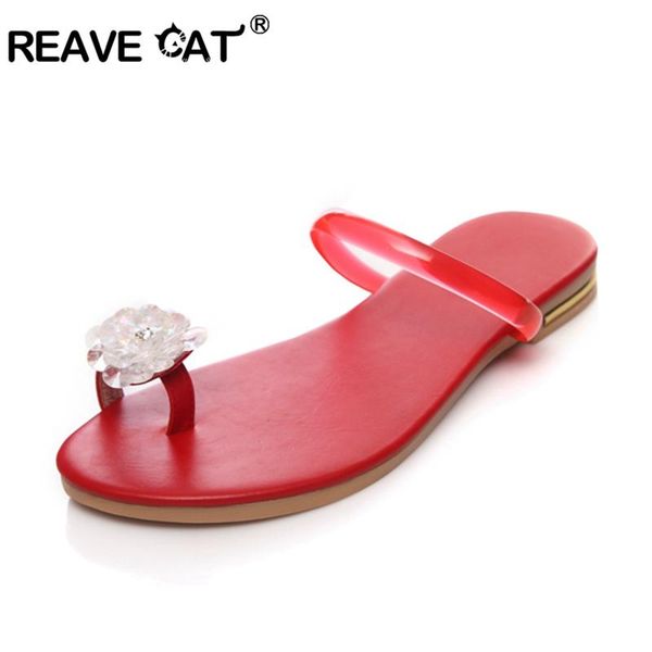 

sandals reave cat women toe ring crystal flower cow leather female flip flops flat slippers gladiator beach zapatos mujer white, Black