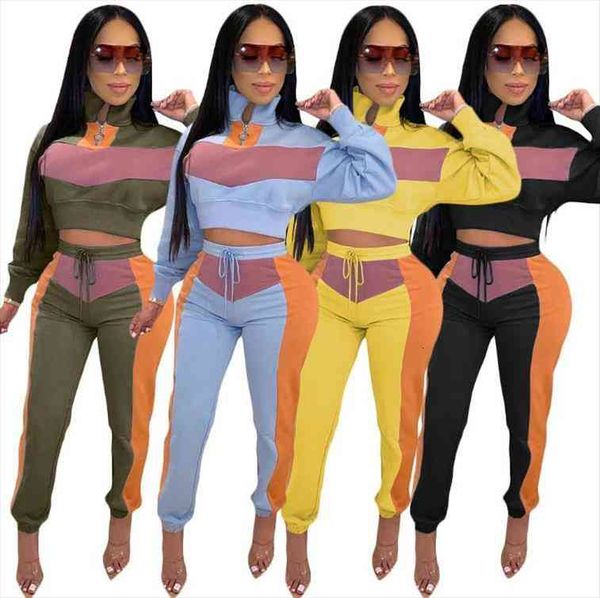 

autumn and winter casual womens pants sports suit stitching color long sleeve zipper coat sweatpants two-piece tracksuit for women, White