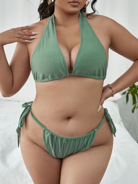 

plus halter tie side bikini swimsuit e7li#, Black