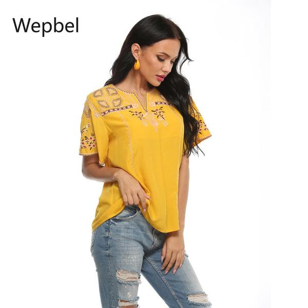 

wepbel embroidered shirt women's shirt summer women's v-neck blouse pullover plus size cotton loose short blouses, White