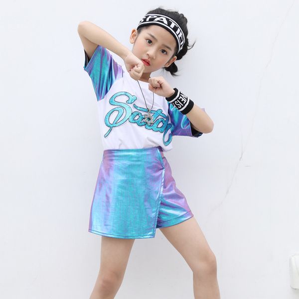 

hip hop childrens street dance suit boys summer short-sleeved t-shirt sequins children hiphop girls costumes, Black;red