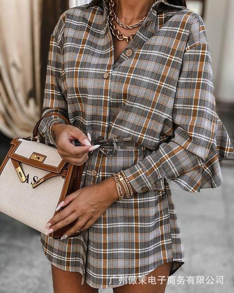 

casual dresses plaid dress women 2021 autumn ruffled waist drawstring, Black;gray