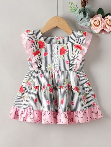 

baby floral & striped print ruffle trim guipure lace insert dress she, Red;yellow
