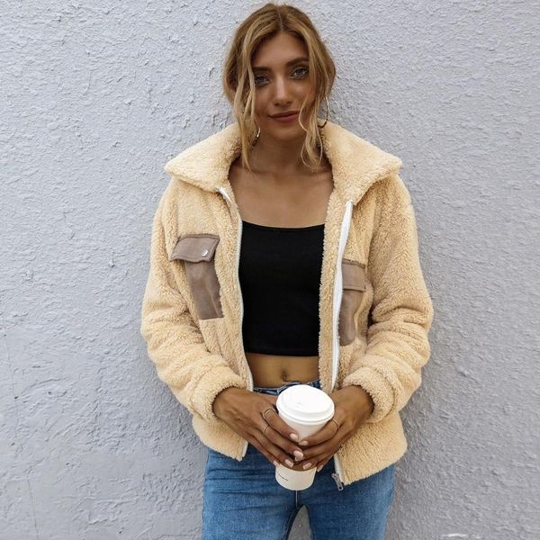 

women winter warm plush coat long sleeve thick zipper jacket casual lapel solid color loose outwear, Black