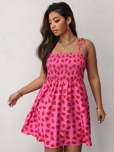 

plus heart print shirred frill trim knot shoulder cami dress i3zt#, Black