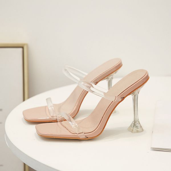 

2021 new fashion clear strap women pvc transparent heel slippers square toe slip on slides ladies shoes size 35-42 69nv, Black
