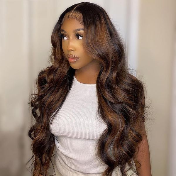 

glueless ombre highlight body wave 13x6 lace front human hair wigs with baby hair for black women pre plucked hairline, Black;brown
