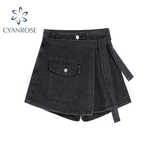 

women's shorts fashion irregular design y2k denim women 2021 summer korean chic high waist wide leg jeans female streetwear, White;black