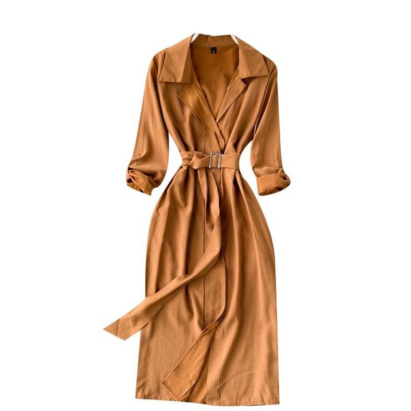 

women's trench coats elegant autumn style dress lapel tiewide loose thin long-sleeved casual temperament windbreaker skirt women, Tan;black