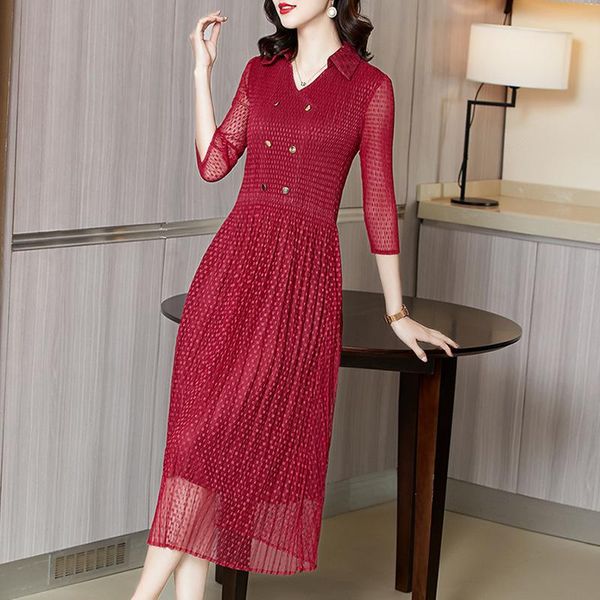 

casual dresses lady slim pleated dress 2021 spring lace mid length, Black;gray