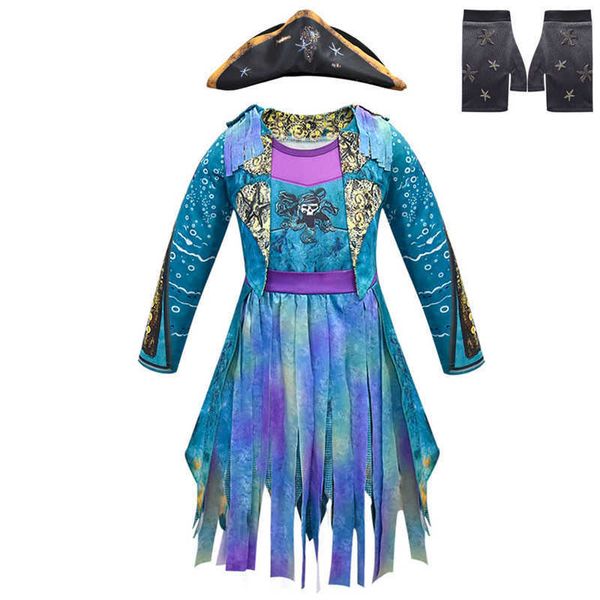 Descendentes 3 Mal Bertha Maleficent Curls Viva Mal Reta Blue Kids Meninas Cosplay Cap Dress Halloween Traje Para Peruca Y0913