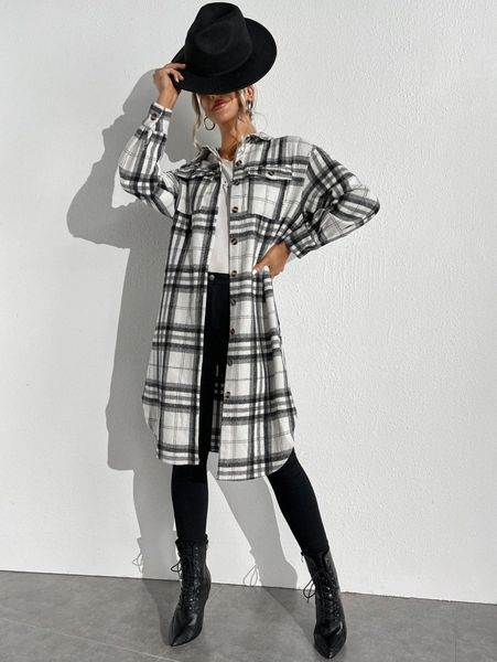 

single breasted flap detail plaid overcoat t2ic#, Black