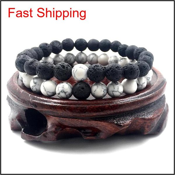 

2pcs/set 8mm white howlite stone and volcanic rock lava stone beads bracelets set for women men stretch j qylaao beauty888, Black