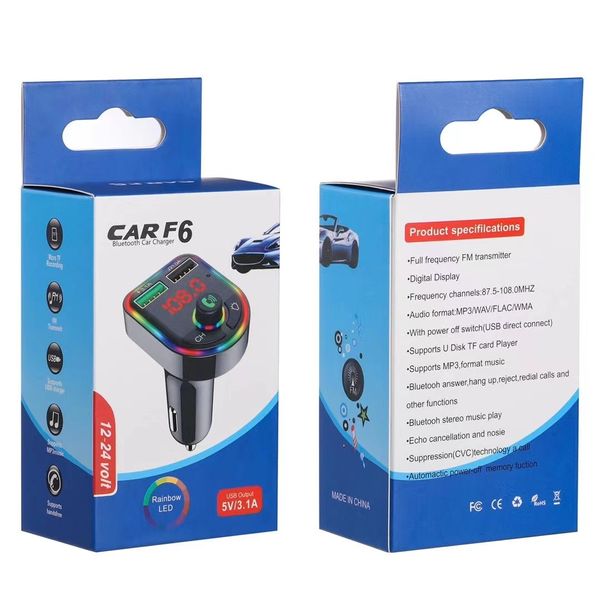 F5 F6 Kit trasmettitori FM Bluetooth per auto Caricabatterie per cellulare con luci colorate 3.1A Doppio adattatore di ricarica rapida USB Ricevitore audio wireless Lettore MP3 vivavoce