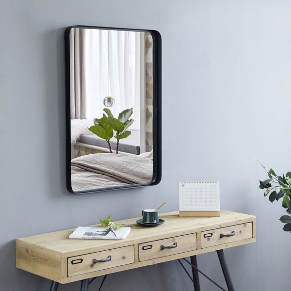 

30 inch indoor wrought iron wall hanging mirror rectangular thin frame vanity mirror bathroom bedroom black/gold