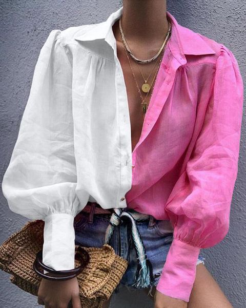 

women's blouses & shirts patchwork women 2021 autumn v-neck office ladies casual blouse lantern sleeve loose solid, White