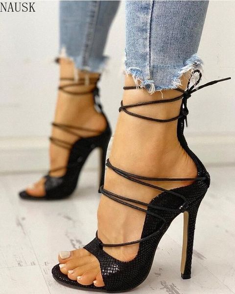 

new 2020 summer womens sandals pu lace up thin high heels pumps cover heel shallow mature serpentine dance solid womens shoes z6vd#, Black