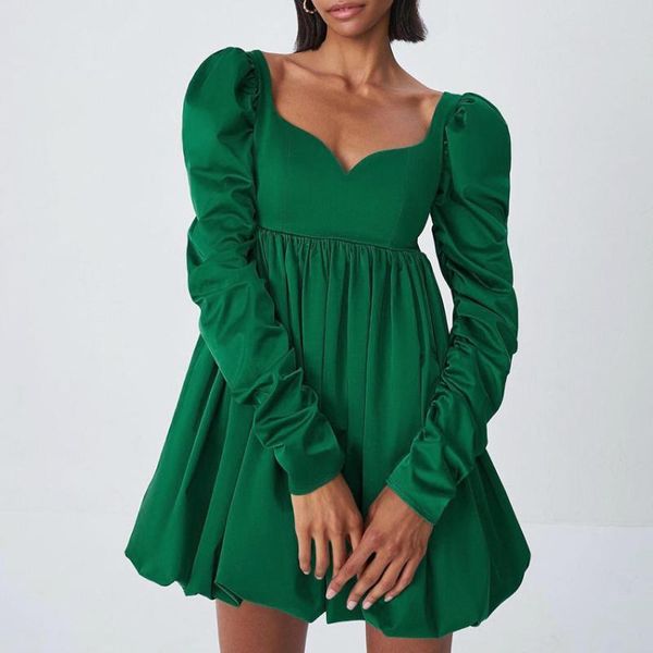 

casual dresses 2021 autumn fashion lantern pile up sleeve dress long-sleeved silk satin green mini v-neck female ball gown party, Black;gray