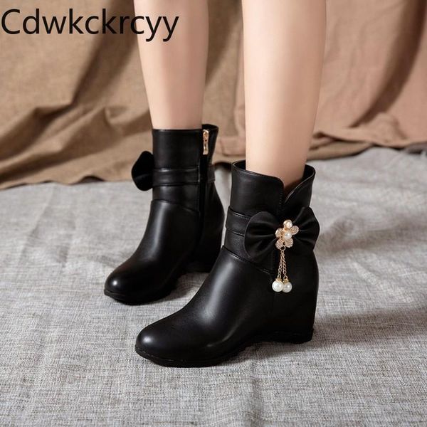 

boots winter the fashion round head increase within women sweet pearl plus velvet keep warm high heel size 34-43, Black