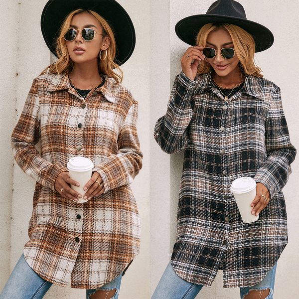 

loose casual large size plush plaid long-sleeved coats jacket sanded windbreaker shirt women, Tan;black