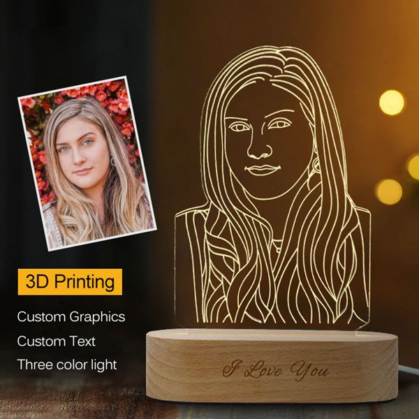 Personalisiertes 3D-Nachtlicht mit USB-Holzsockel, DIY-Atmosphäre, Nachtlampe für Hochzeit, Weihnachtsgeschenk, Urlaub, individueller Text, Foto