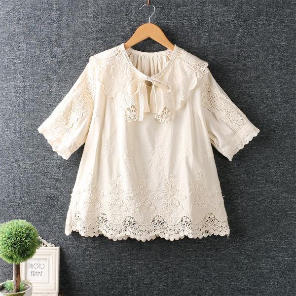 

women's blouses & shirts summer sweet japan style embroidery lapel cotton short sleeve loose shirt female gl6788-1, White