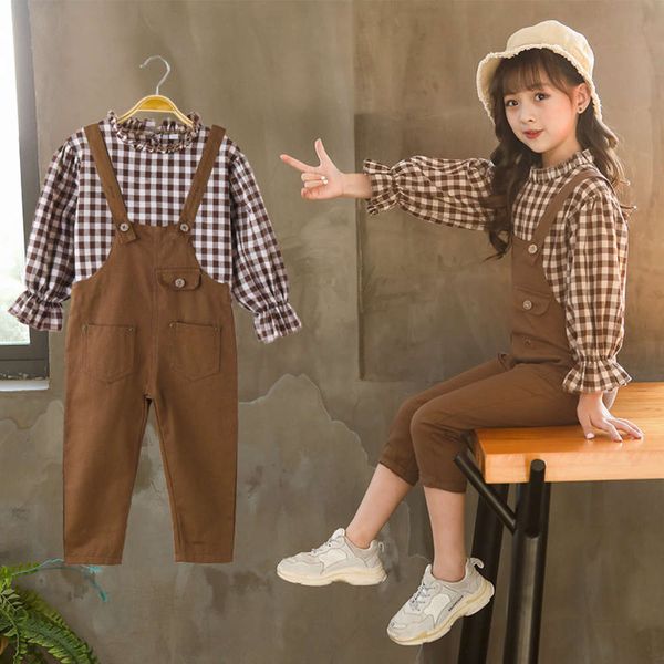 

2020 new girl's suspender autumn mid big plaid shirt casual pants two piece children's suit, Blue