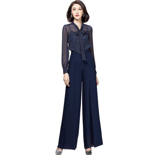 

chiffon wave point shirt high waist wide leg pants plus size two piece set and pants woman business suit ensemble femme, White