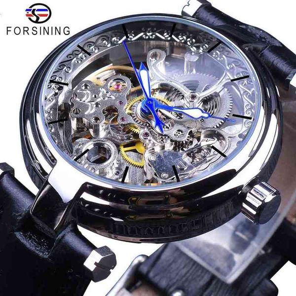 

fashion sier moving skeleton furnishing clocks blue lightning hands leather men mechanical man, Slivery;brown