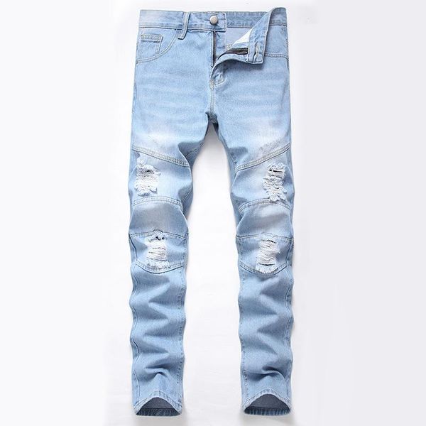 

men's jeans fashion brand hole casual straight ripped stretch large size men light blue green for