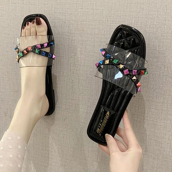

slippers 2021 fashion summer women slipper shoes woman ladies beautiful casual sandals flat breathable rivet, Black
