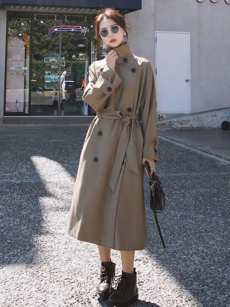 

autumn england style coat women long trench coat double-breasted with belt office lady duster female cloak, Tan;black