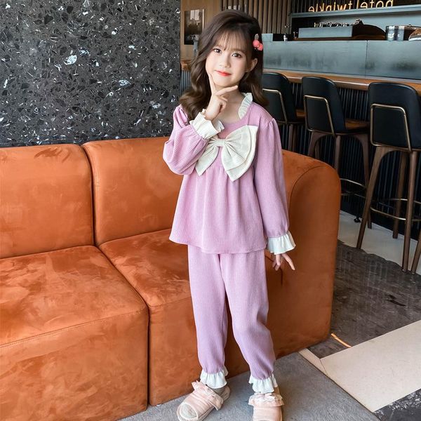 

pajamas arrival kids cotton children solid color 2pcs ruffle sleeve sleepwear with big bow teenage pullover and pants, Blue;red