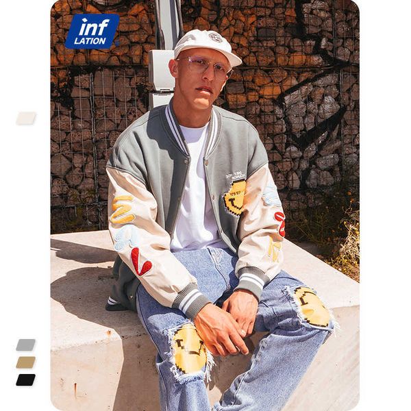 

inflation streetwear varsity jacket men women oversized baseball coat fashion leather sleeves thick fleece jacket men outwear 211009, Black;brown