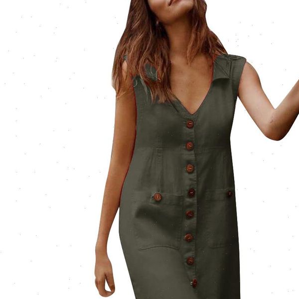 

clothes 2021 dress women summer dress casual solid with button sleeveless mid polyester dress, Black;gray