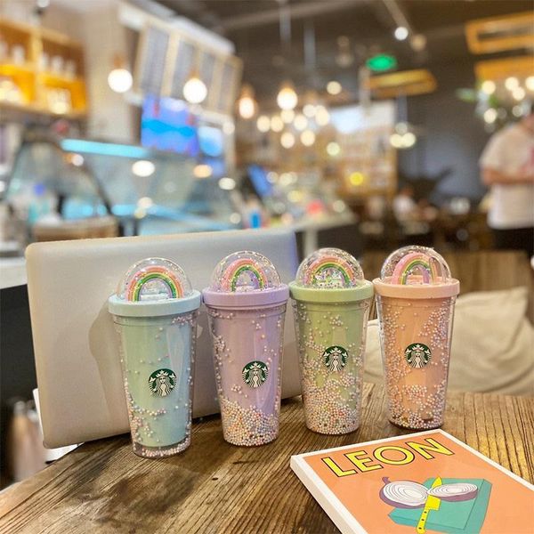 

wholesale 450ml cute rainbow starbucks mugs double plastic with straws pet material for kids girlfirend gift products