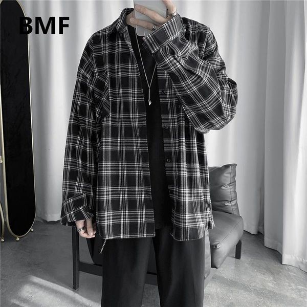 

men's casual shirts autumn long sleeve plaid shirt fashion korean style men clothing hip hop kpop clothes 2021 ulzzang hawaiian male, White;black