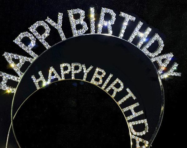 Rhinestone Feliz aniversário Headband Crystal Crown Party Tiara Diamante Diamante Headpiece para Mulheres Meninas Gold Silver Pink Champagne