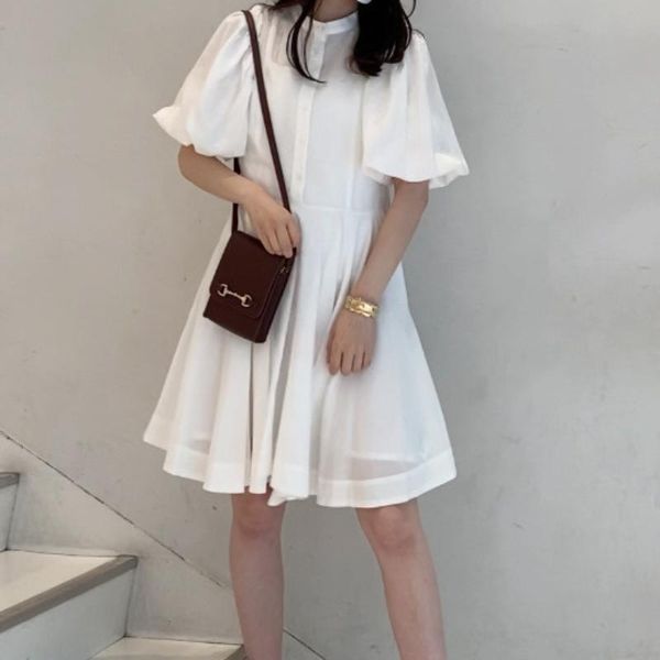 

party dresses japanese lantern sleeve pleated midi dress women elegant big swing vestidos mujer simple loose casual robe summer with camis, White;black
