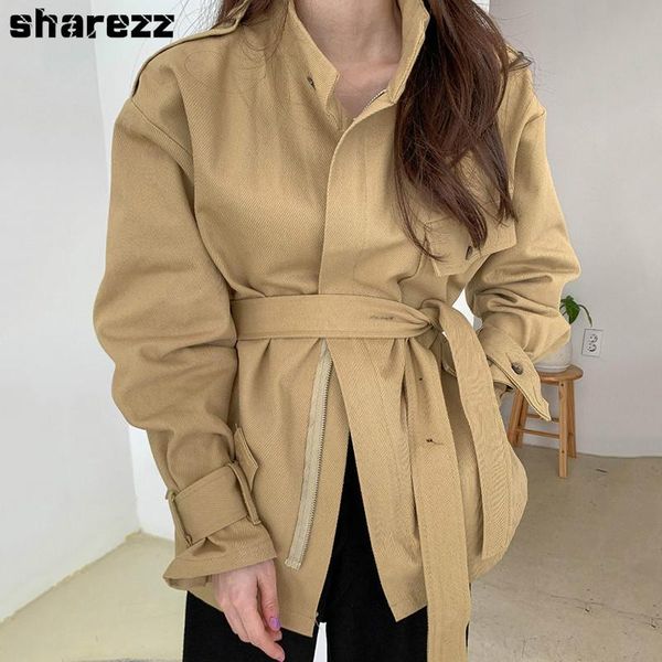 

autumn casual coats for women 2021 fashion puff sleeve loose chic streetwear short coat retro lapel pocket jacket with belt, Tan;black