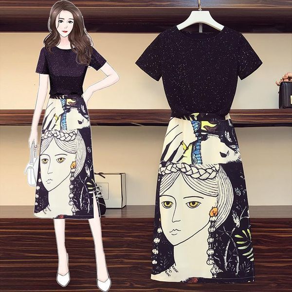 

summer abstract print skirt 2 women tracksuits piece set short sleeve black and high waist bodycon long suits, Gray