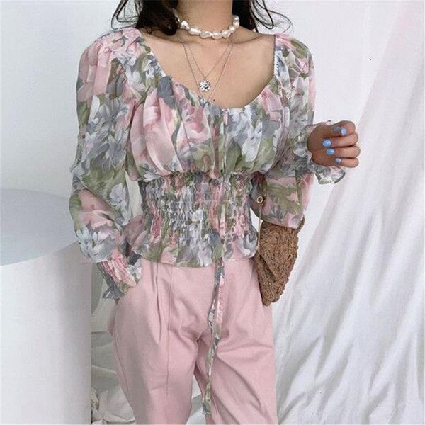 

streetwear all match square collar 2021 waist controlled chiffon retro brief slender chic shirts office lady blouses drop shipping, White