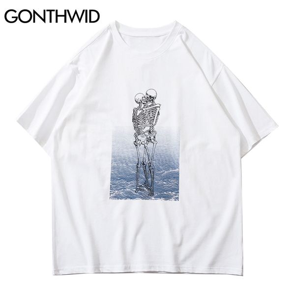 GONTHWID Streetwear T-Shirt Hip Hop Kissing Skull Scheletro Magliette Hip Hop Punk Rock Gothic Tees Harajuku Casual Cotton Tops C0315