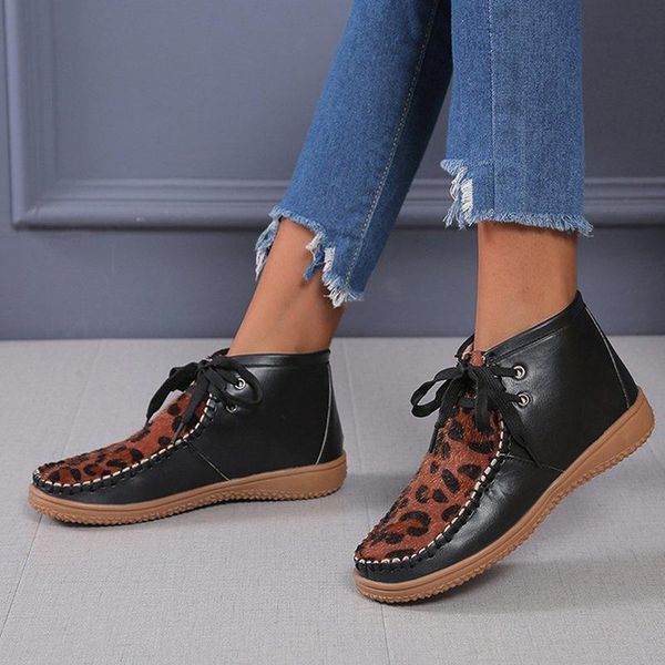 

boots winter snow women leopard print warm female shoes fashion patchwork lace up ankle, Black
