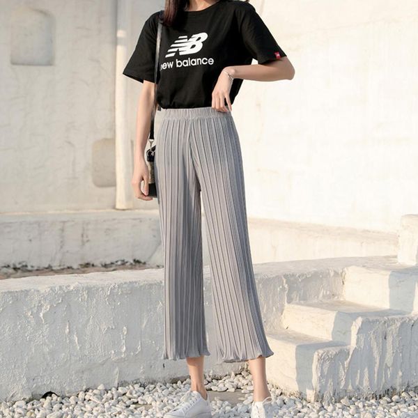 

solid color woman pants trousers elastic waistband loose pleated wide leg pants for women casual trousers pants femme pantalon, Gray